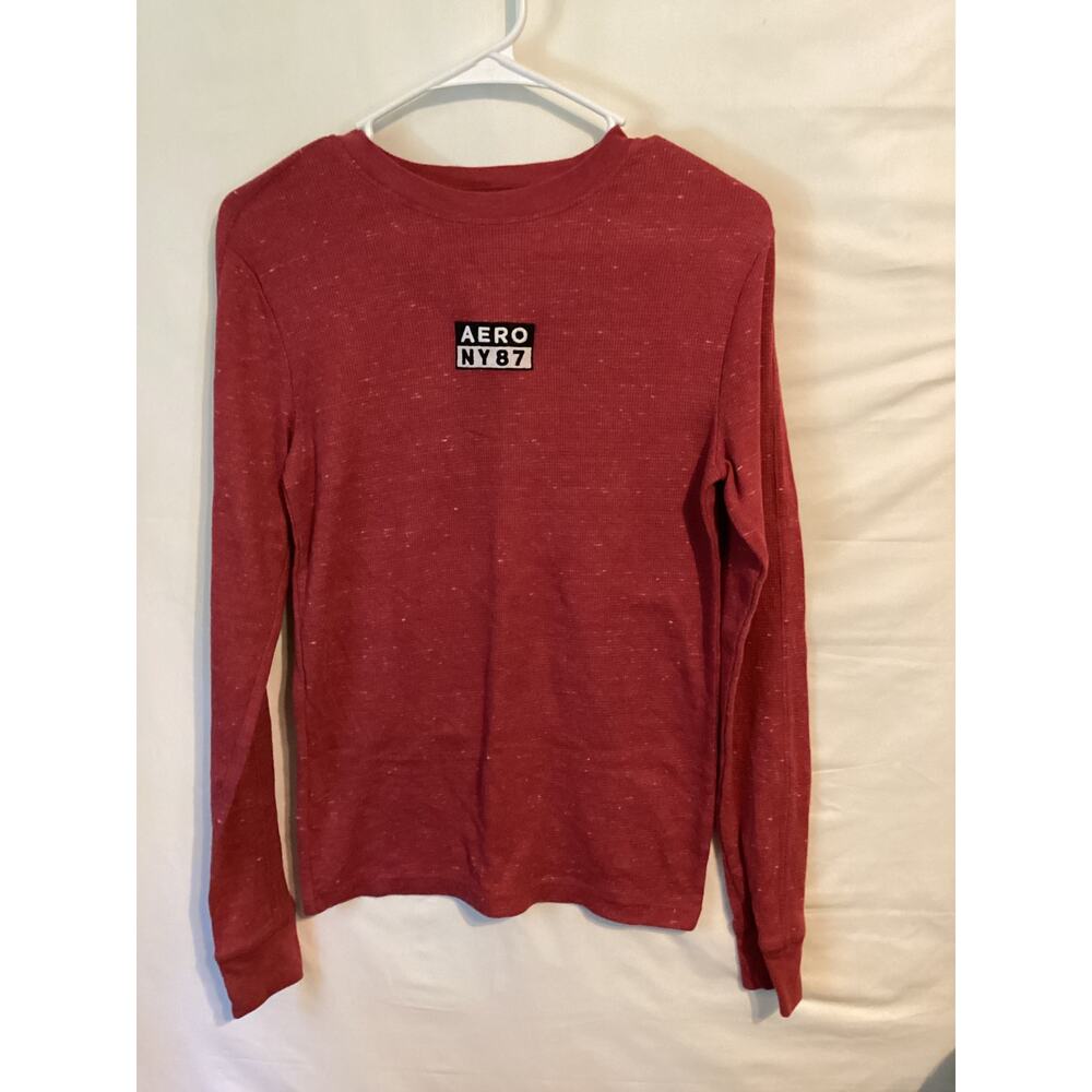 2091 Aeropostale Long Sleeve Aero Box Logo Stretch Graphic Tee Maroon Size XS